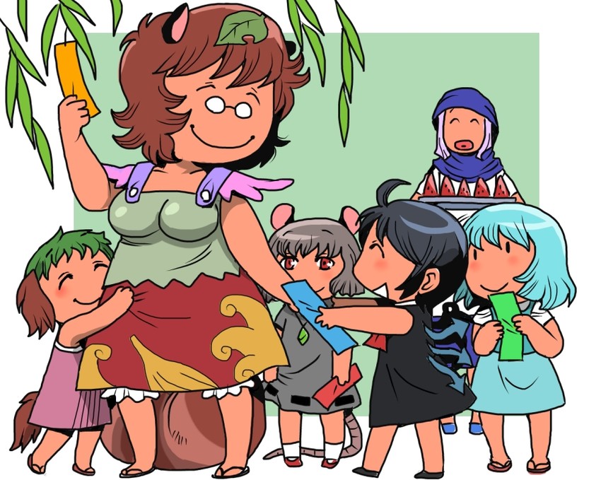 tatara kogasa, nazrin, houjuu nue, kumoi ichirin, kasodani kyouko, and 1 more (touhou) drawn by onikobe_rin