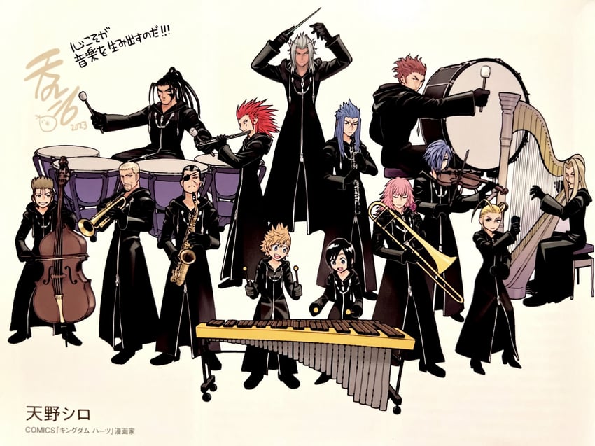 roxas, xion, axel, xemnas, saix, and 9 more (kingdom hearts) drawn by amano_shiro
