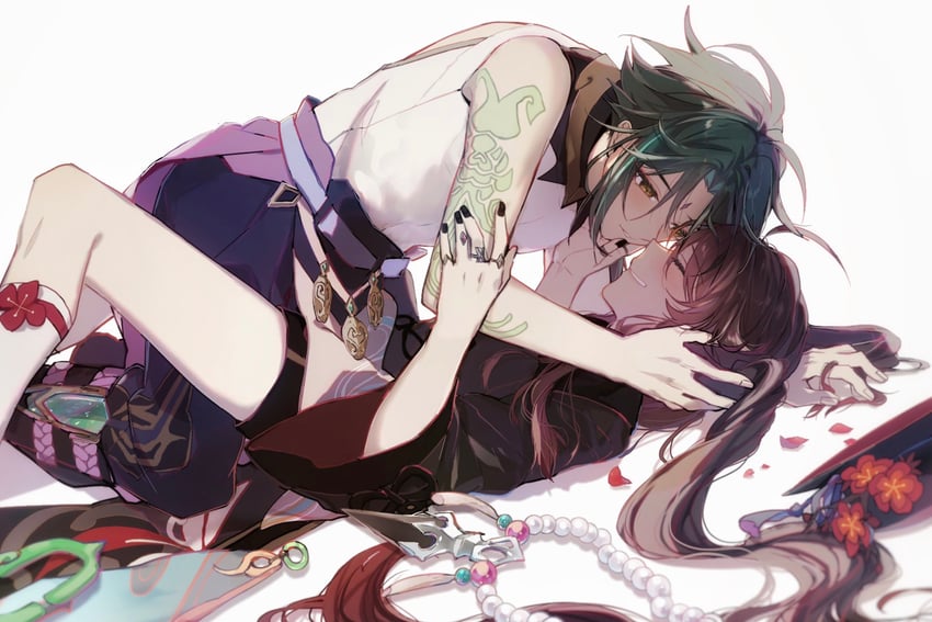 hu tao and xiao (genshin impact) drawn by hoshiyui_tsukino