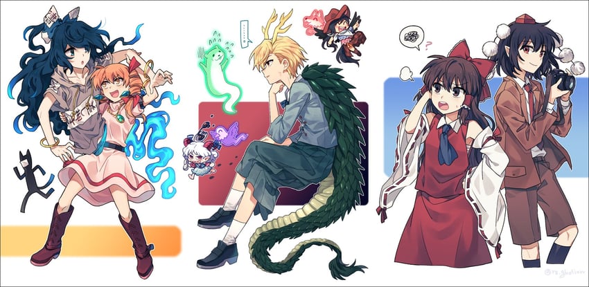 hakurei reimu, shameimaru aya, yorigami shion, yorigami jo'on, kicchou yachie, and 5 more (touhou) drawn by re_ghotion