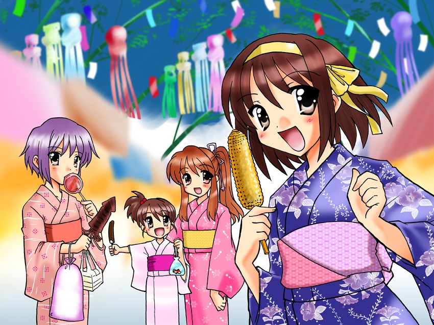 suzumiya haruhi, nagato yuki, asahina mikuru, and kyon's sister (suzumiya haruhi no yuuutsu) drawn by c-chaos
