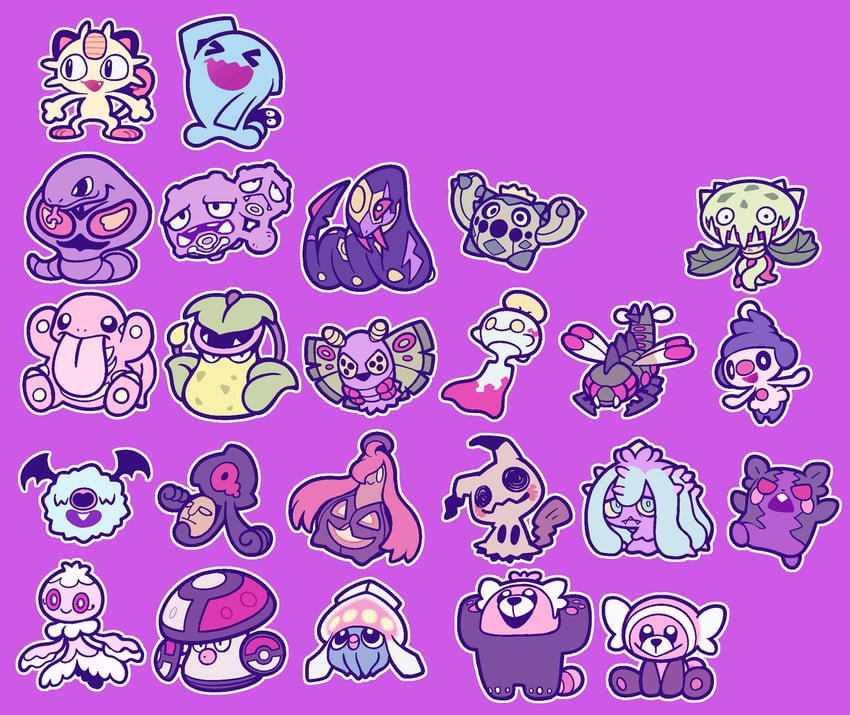 morpeko, mimikyu, meowth, arbok, wobbuffet, and 19 more (pokemon) drawn by bear_ringer