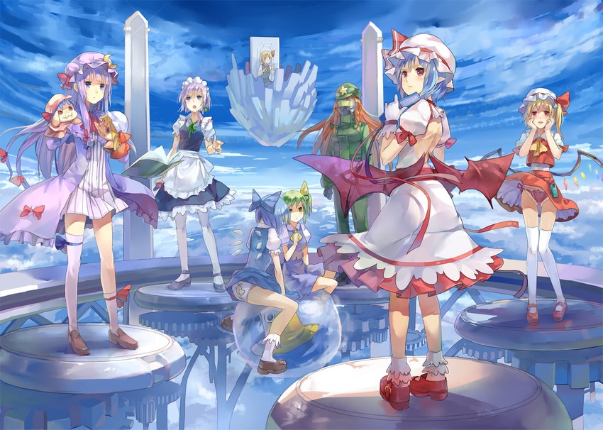 remilia scarlet, flandre scarlet, izayoi sakuya, cirno, patchouli knowledge, and 6 more (touhou and 2 more) drawn by 77gl