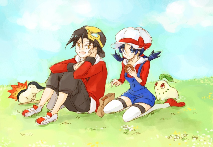 ethan, kris, cyndaquil, and chikorita (pokemon and 1 more) drawn by garlicsj