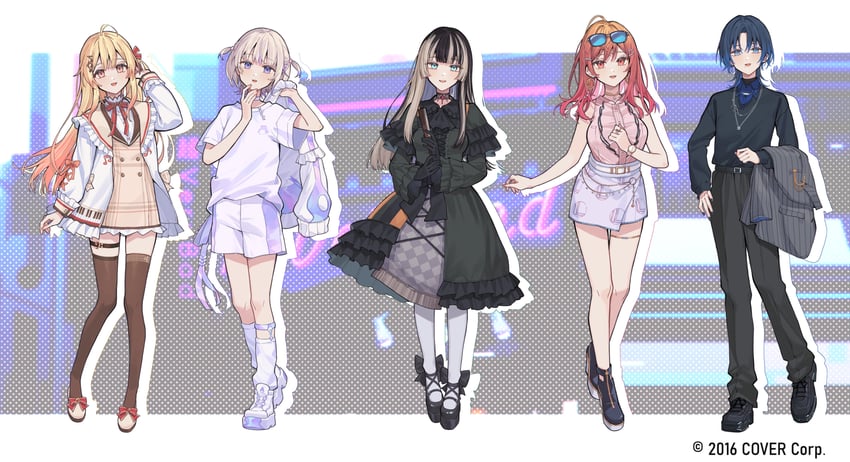 ichijou ririka, juufuutei raden, otonose kanade, hiodoshi ao, and todoroki hajime (hololive and 1 more) drawn by tsukino_(nakajimaseiki)