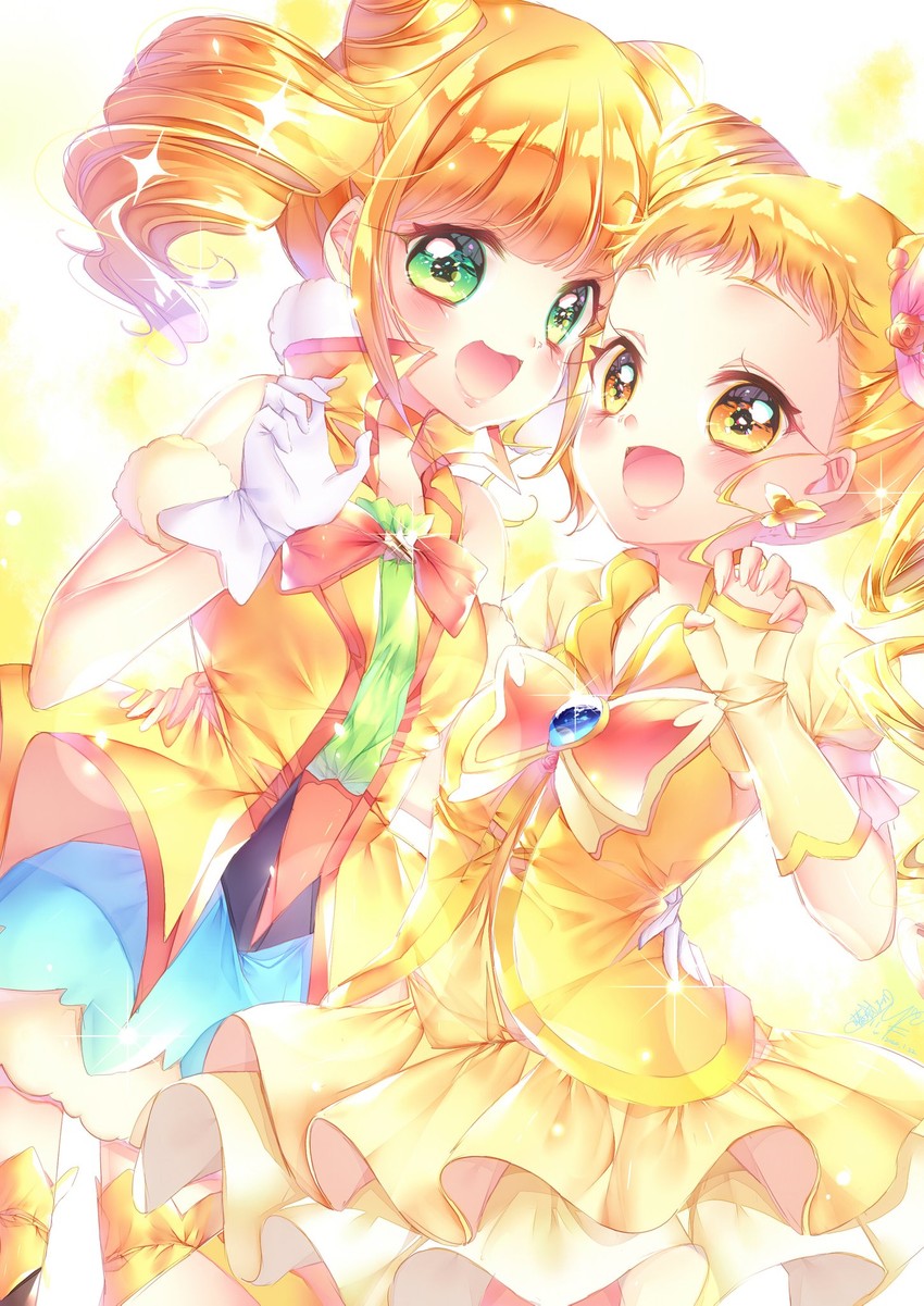 kasugano urara, hiramitsu hinata, cure lemonade, and cure sparkle (precure and 3 more) drawn by touki_matsuri