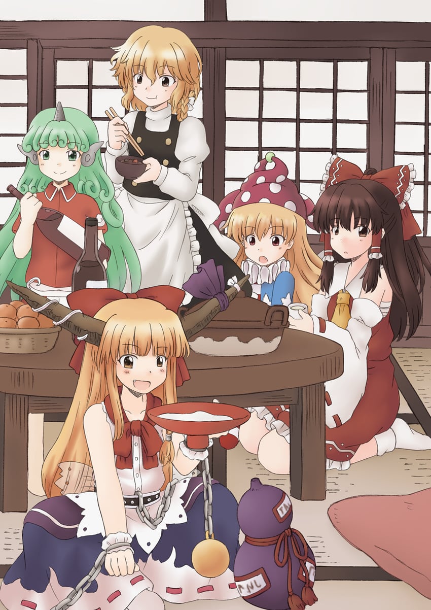 hakurei reimu, kirisame marisa, ibuki suika, clownpiece, and komano aunn (touhou) drawn by renzaoshen