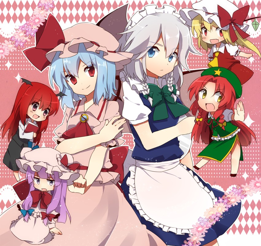 remilia scarlet, flandre scarlet, izayoi sakuya, patchouli knowledge, hong meiling, and 1 more (touhou) drawn by ichimonme_(ichi)