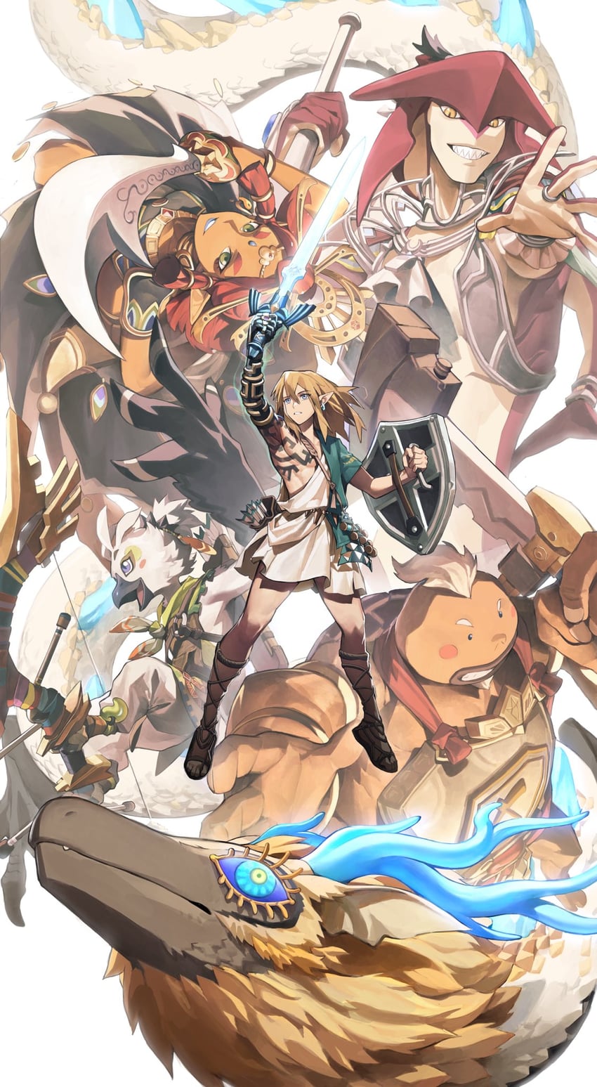 link, sidon, riju, light dragon, tulin, and 1 more (the legend of zelda and 1 more) drawn by knifedragon