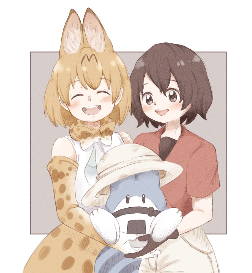 serval, kaban, and lucky beast (kemono friends) drawn by 0nanaten