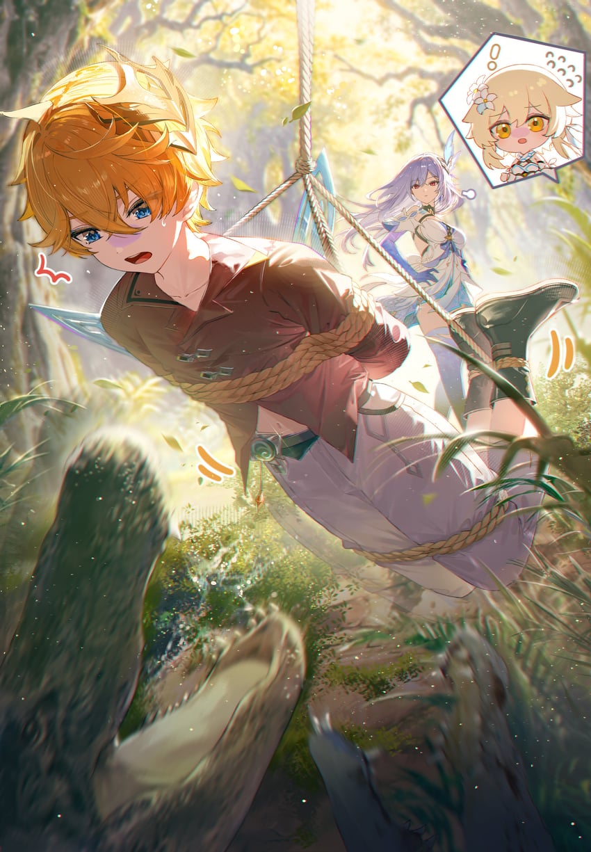 lumine, tartaglia, and skirk (genshin impact) drawn by isobe47