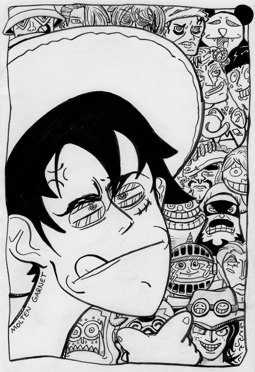 monkey d. luffy, portgas d. ace, usopp, kalifa, karoo, and 12 more (one piece and 1 more) drawn by molten_garnet