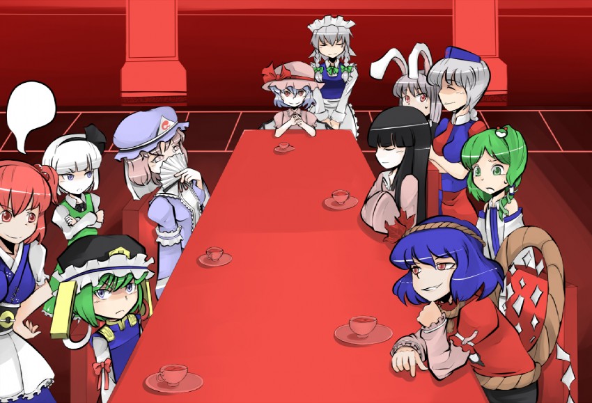 remilia scarlet, izayoi sakuya, kochiya sanae, konpaku youmu, reisen udongein inaba, and 6 more (touhou) drawn by doku_corne