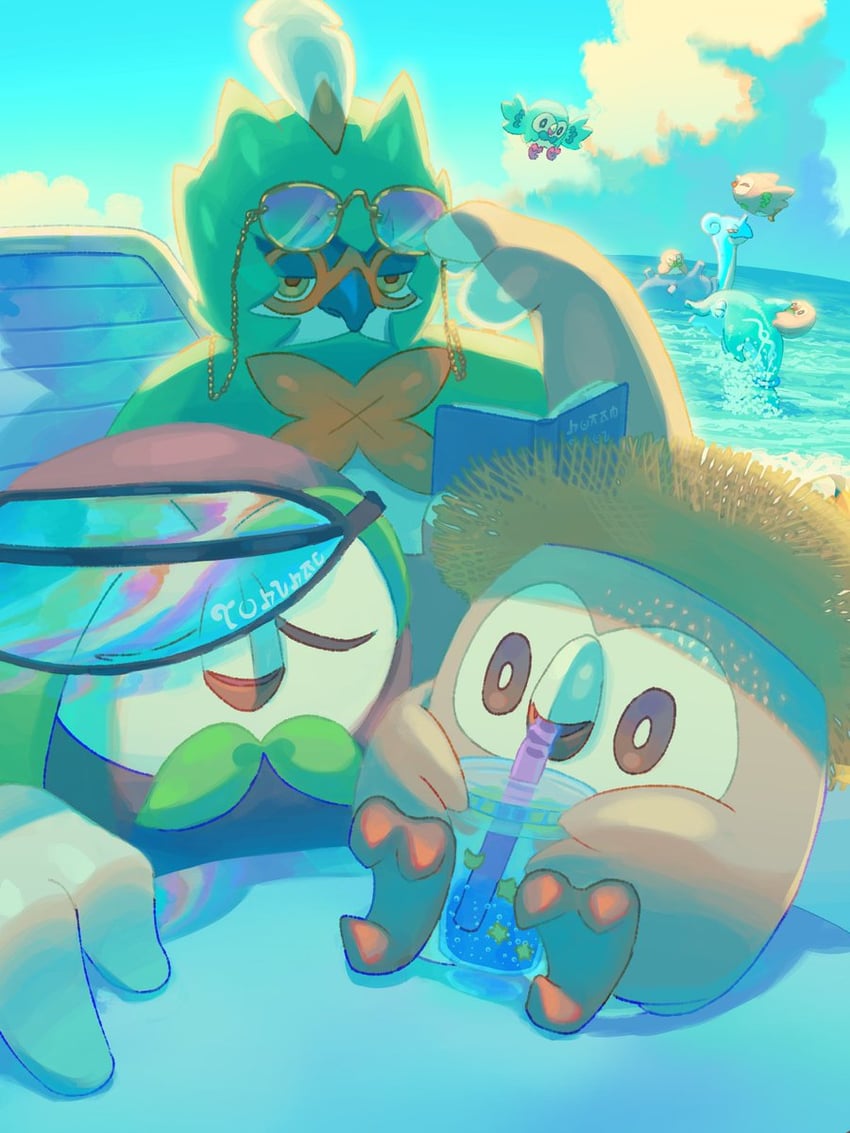rowlet, lapras, decidueye, dartrix, and finizen (pokemon) drawn by mokukitusui