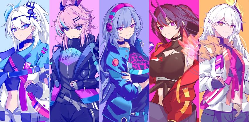 elysia, kiana kaslana, raiden mei, yae sakura, yae kasumi, and 1 more (honkai and 1 more) drawn by sparks_summer