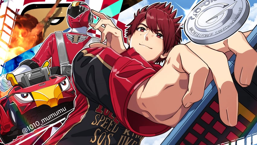 go-on red, esumi sousuke, and engine speedor (super sentai and 1 more) drawn by 1010_mumumu