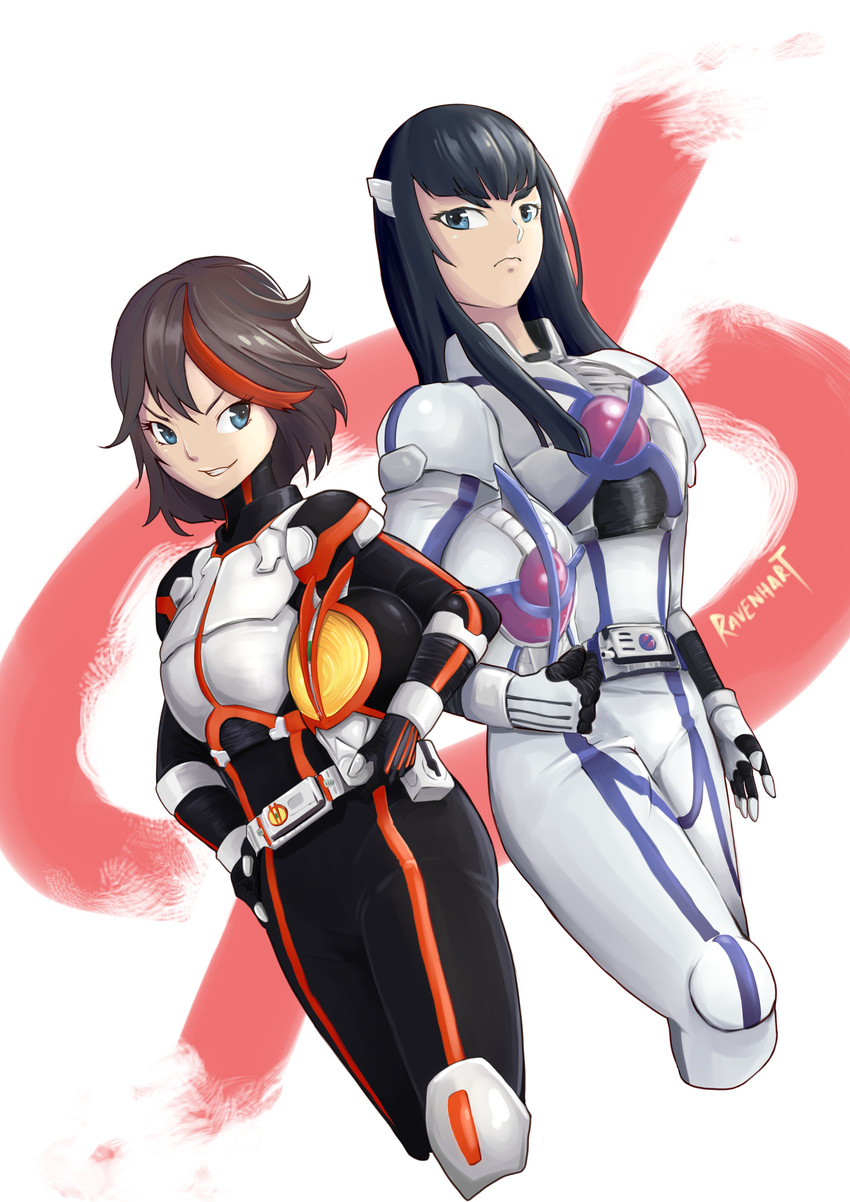 matoi ryuuko, kiryuuin satsuki, kamen rider faiz, and kamen rider psyga (kill la kill and 2 more) drawn by ravenhart
