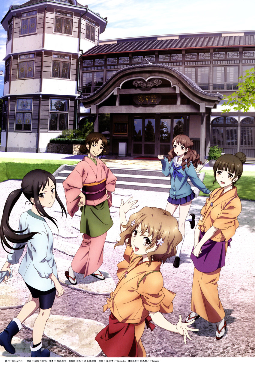 matsumae ohana, oshimizu nako, tsurugi minko, wakura yuina, and wajima tomoe (hanasaku iroha) drawn by sekiguchi_kanami