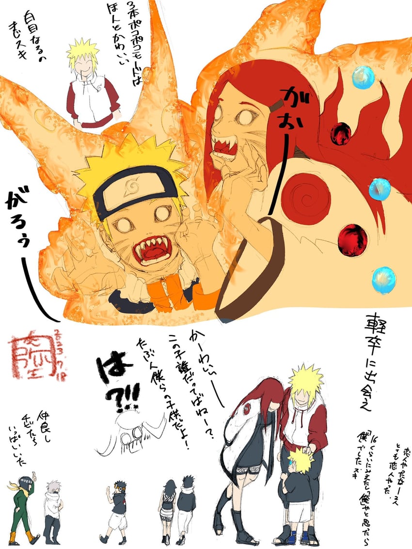 uzumaki naruto, hatake kakashi, uchiha obito, uzumaki kushina, namikaze minato, and 3 more (naruto) drawn by nikuyayoi