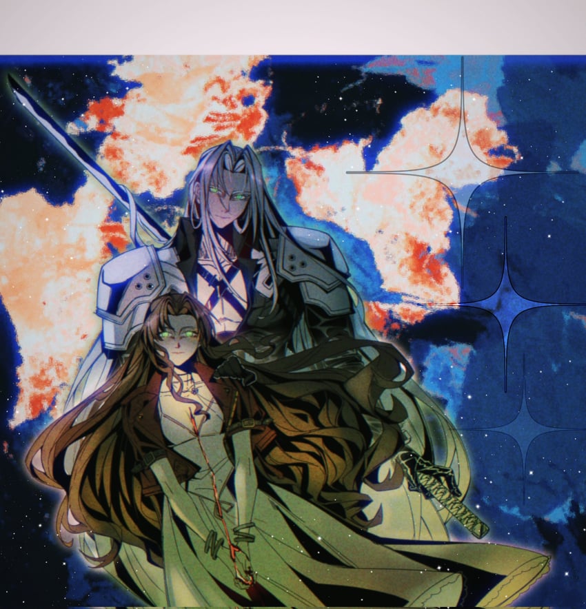 aerith gainsborough and sephiroth (final fantasy and 3 more) drawn by zdax20001212