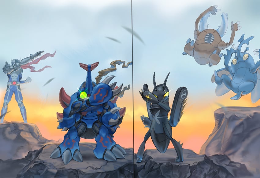 heracross, pinsir, justimon, lokix, and kokabuterimon (pokemon and 2 more) drawn by level-00
