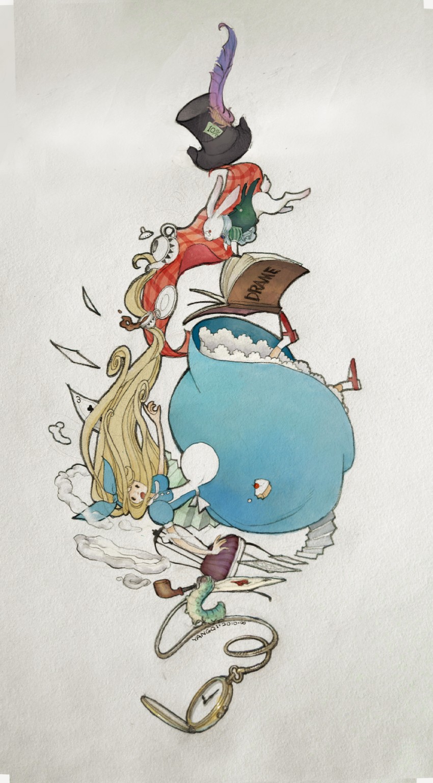 alice, white rabbit, and caterpillar (alice's adventures in wonderland) drawn by yangqi