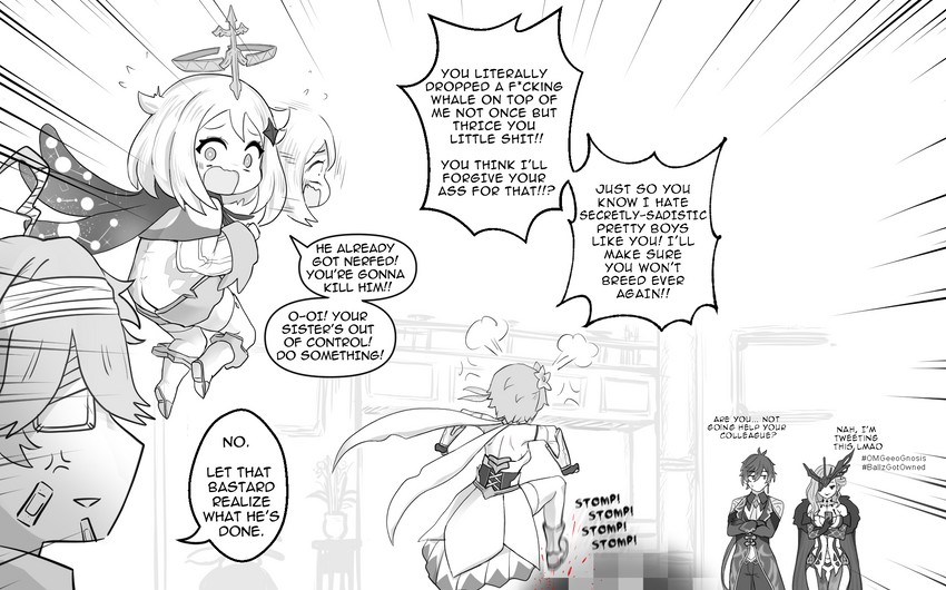 lumine, aether, zhongli, paimon, and signora (genshin impact) drawn by alph_(sancheck)