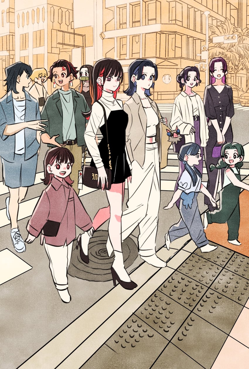 kamado nezuko, kochou shinobu, kamado tanjirou, agatsuma zenitsu, tsuyuri kanao, and 6 more (kimetsu no yaiba) drawn by takeuchi_ryousuke