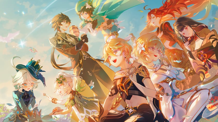 lumine, raiden shogun, aether, furina, nahida, and 3 more (genshin impact) drawn by sainome_(imveryfinethx)