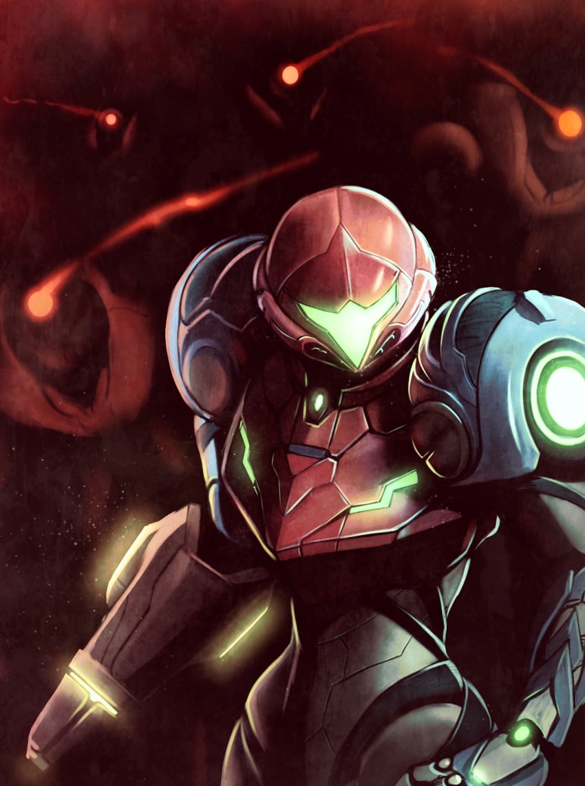 samus aran and e.m.m.i. (metroid and 1 more) drawn by doregusu