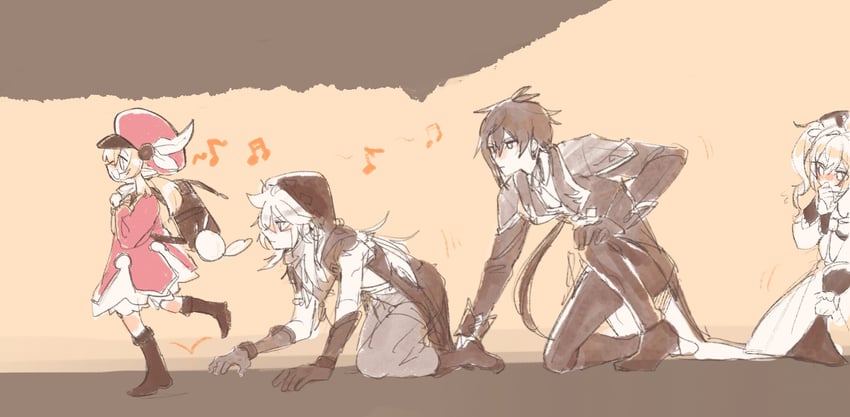 zhongli, klee, barbara, dodoco, and razor (genshin impact) drawn by c3t_gg