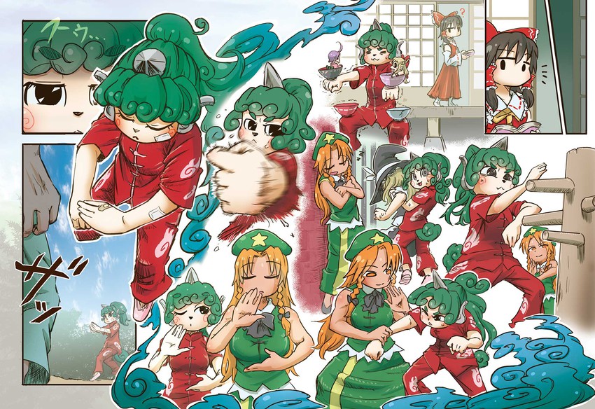 hakurei reimu, kirisame marisa, hong meiling, ibuki suika, sukuna shinmyoumaru, and 1 more (touhou) drawn by chamaji