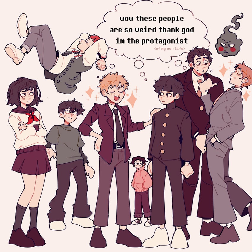kageyama shigeo, reigen arataka, kageyama ritsu, ekubo, hanazawa teruki, and 4 more (mob psycho 100) drawn by mariorsomething