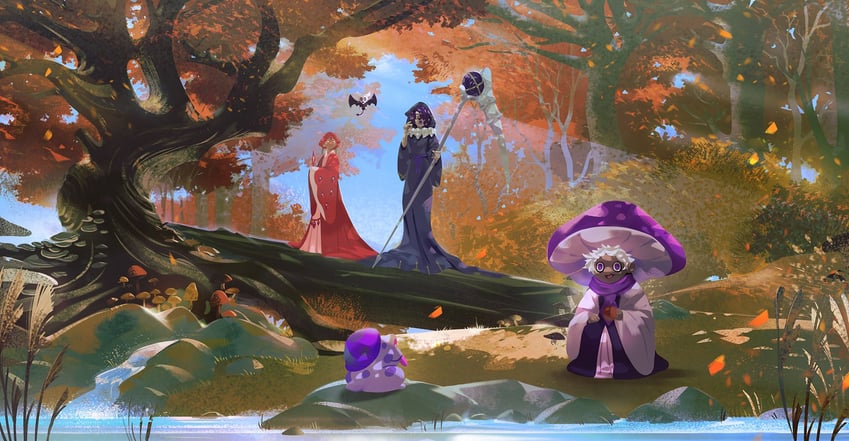 pomegranate cookie, licorice cookie, poison mushroom cookie, bat-cat, and ribbit shroom (cookie run) drawn by bandal