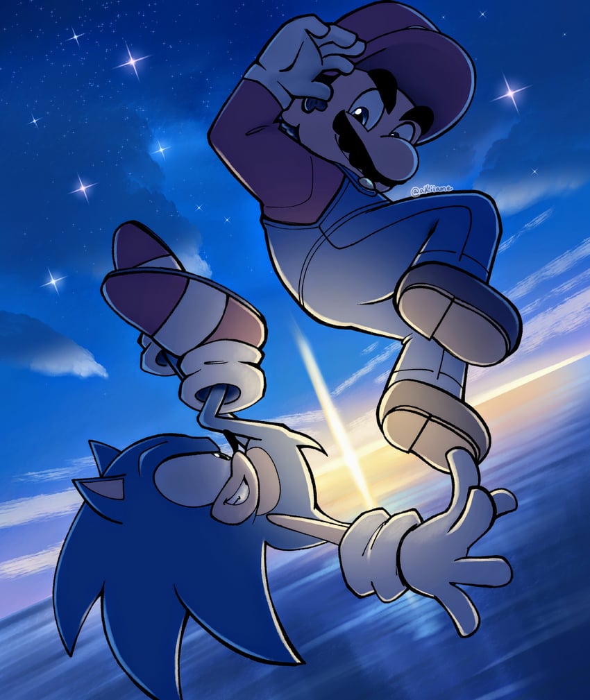 mario and sonic the hedgehog (mario and 1 more) drawn by akiiame