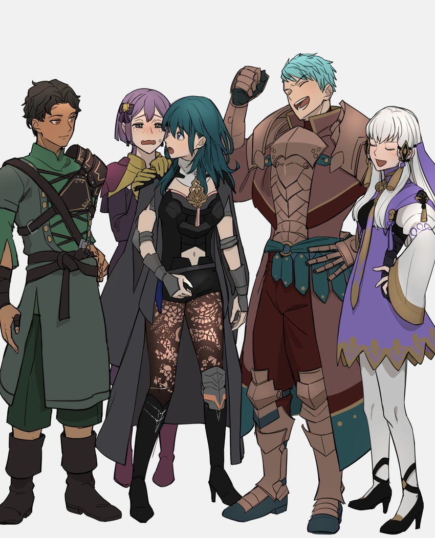 female byleth, lysithea von ordelia, bernadetta von varley, caspar von bergliez, and cyril (fire emblem and 1 more) drawn by shishima_eichi