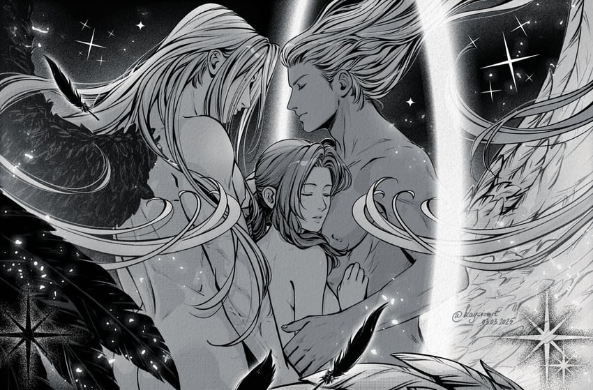 aerith gainsborough, sephiroth, and safer sephiroth (final fantasy and 1 more) drawn by kay-i