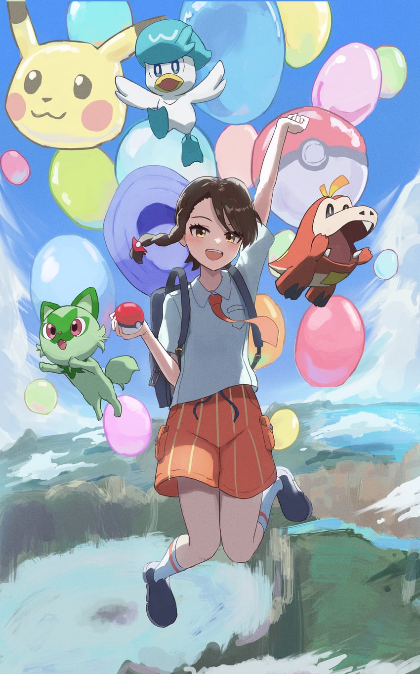 pikachu, sprigatito, juliana, fuecoco, and quaxly (pokemon and 2 more
