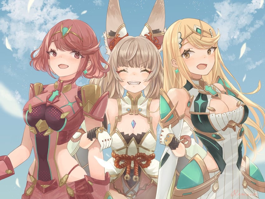 pyra, mythra, and nia (xenoblade chronicles and 1 more) drawn by remaco