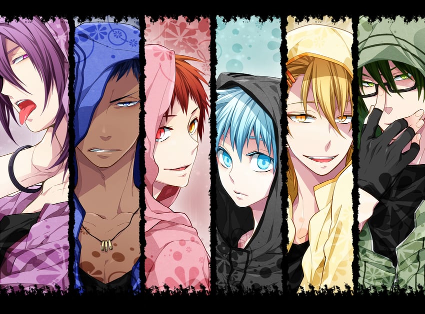 kuroko tetsuya, aomine daiki, kise ryouta, akashi seijuurou, midorima shintarou, and 1 more (kuroko no basuke) drawn by artn-k0211