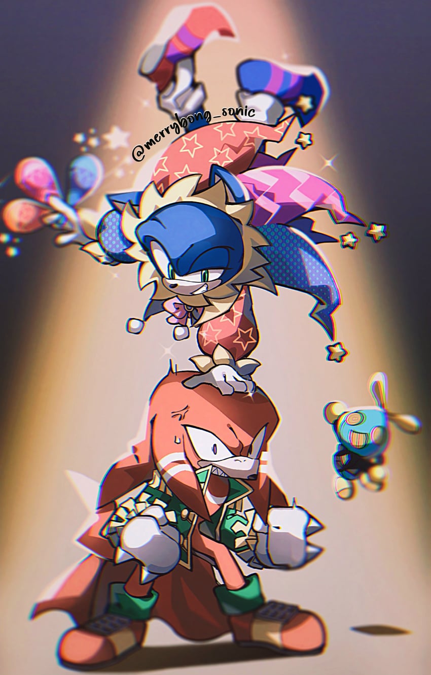 sonic the hedgehog, knuckles the echidna, and omochao (sonic and 1 more) drawn by merry_bongbong
