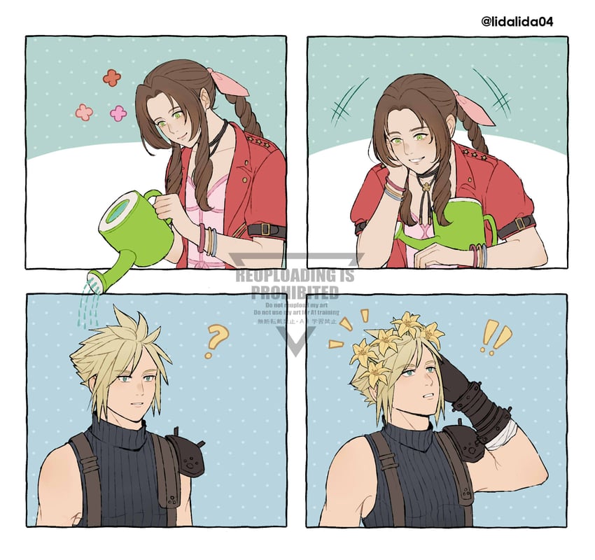 cloud strife and aerith gainsborough (final fantasy and 2 more) drawn by lida_(lidalida04)