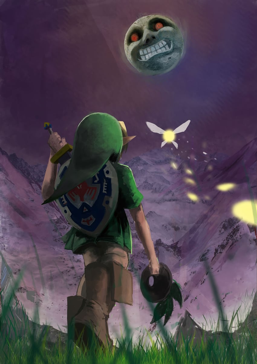 link, young link, tatl, and moon (the legend of zelda and 1 more) drawn by fukutu-k