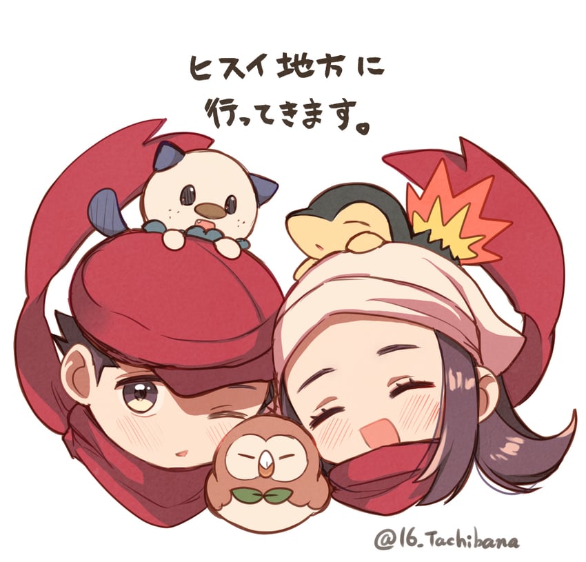akari, rowlet, oshawott, cyndaquil, and rei (pokemon and 1 more) drawn by 16_tachibana