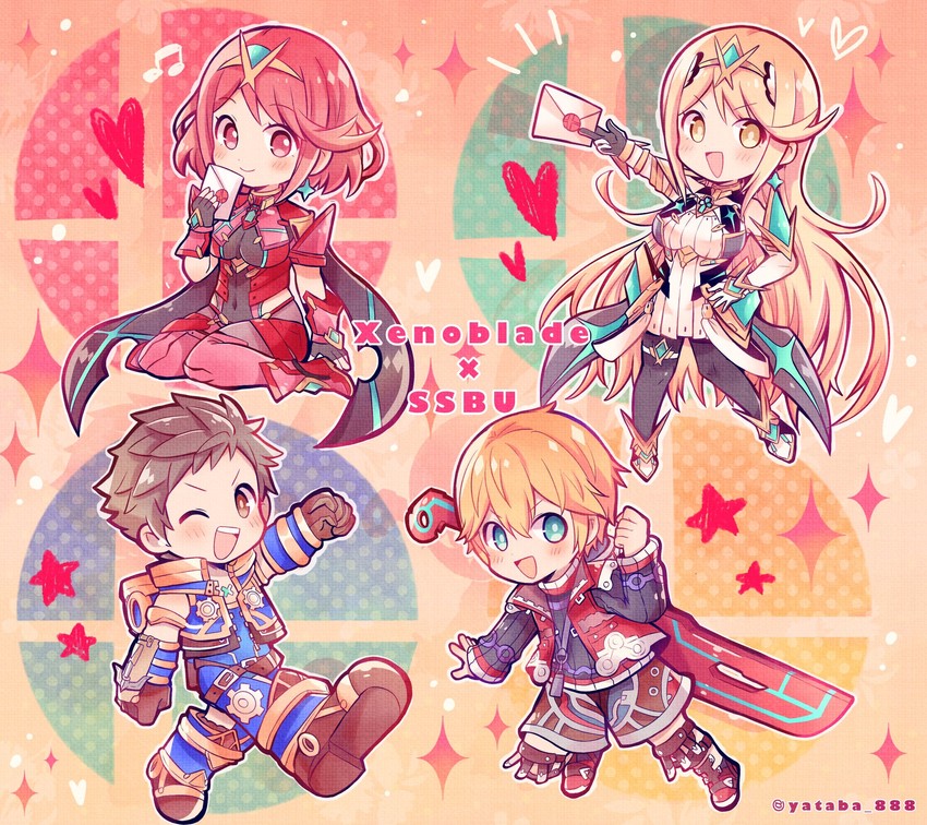 pyra, rex, mythra, and shulk (xenoblade chronicles and 3 more) drawn by yataba