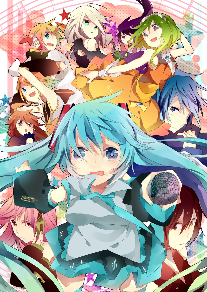 hatsune miku, kagamine rin, kagamine len, megurine luka, kaito, and 5 more (vocaloid) drawn by omutatsu