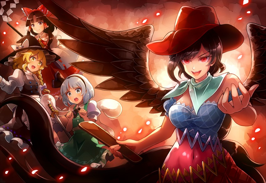 hakurei reimu, kirisame marisa, konpaku youmu, and kurokoma saki (touhou) drawn by 60mai