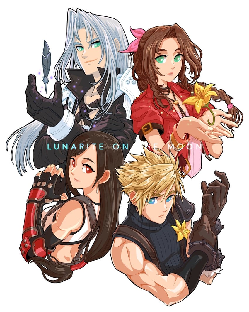 tifa lockhart, cloud strife, aerith gainsborough, and sephiroth (final fantasy and 2 more) drawn by lunarite