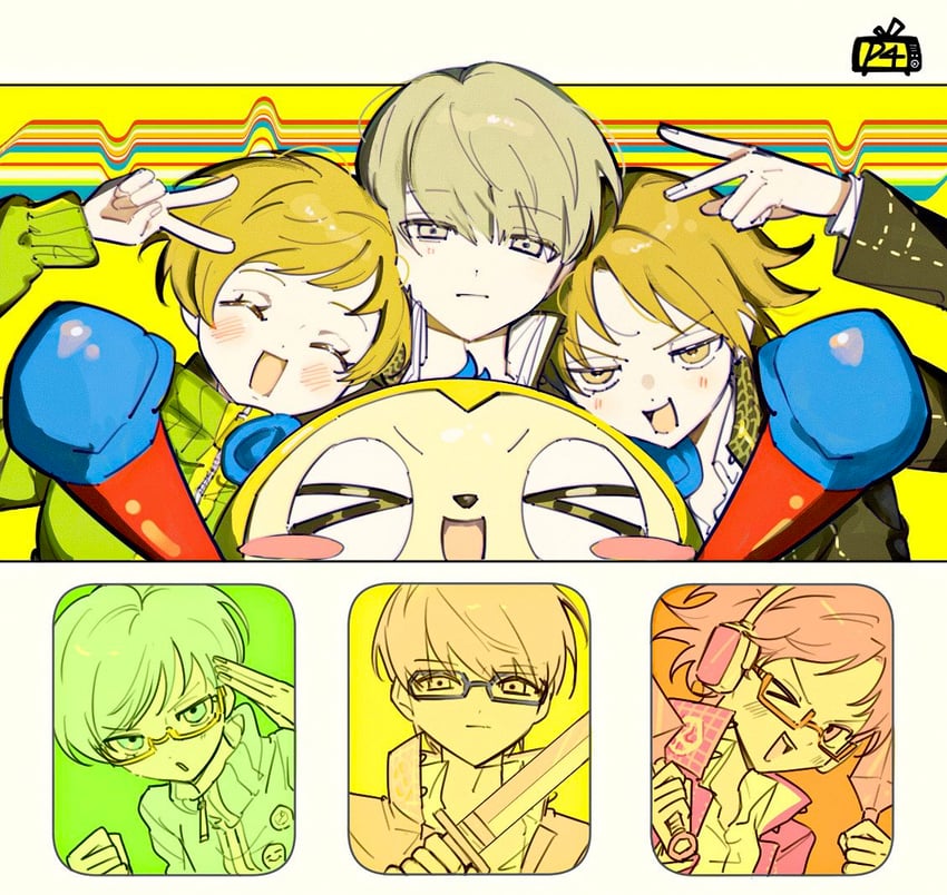 narukami yu, satonaka chie, hanamura yousuke, and kuma (persona and 1 more) drawn by morning_(d0nteat)
