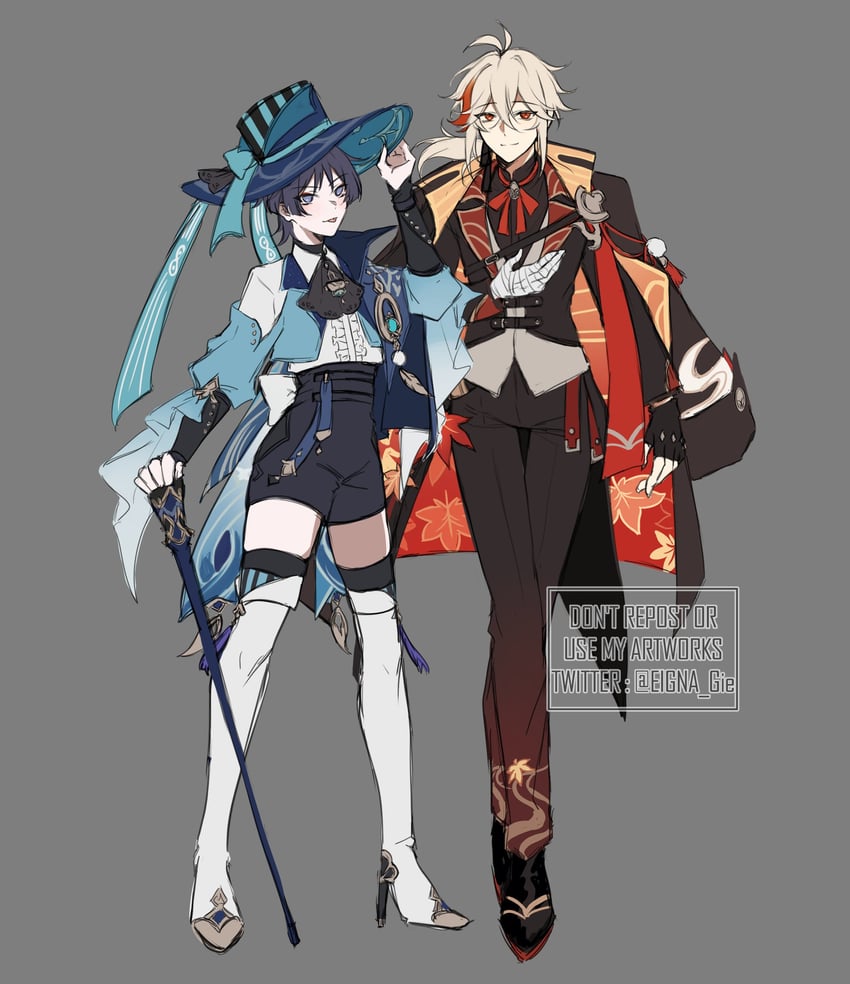 scaramouche, wanderer, and kaedehara kazuha (genshin impact) drawn by angelus_(eigna_gie)